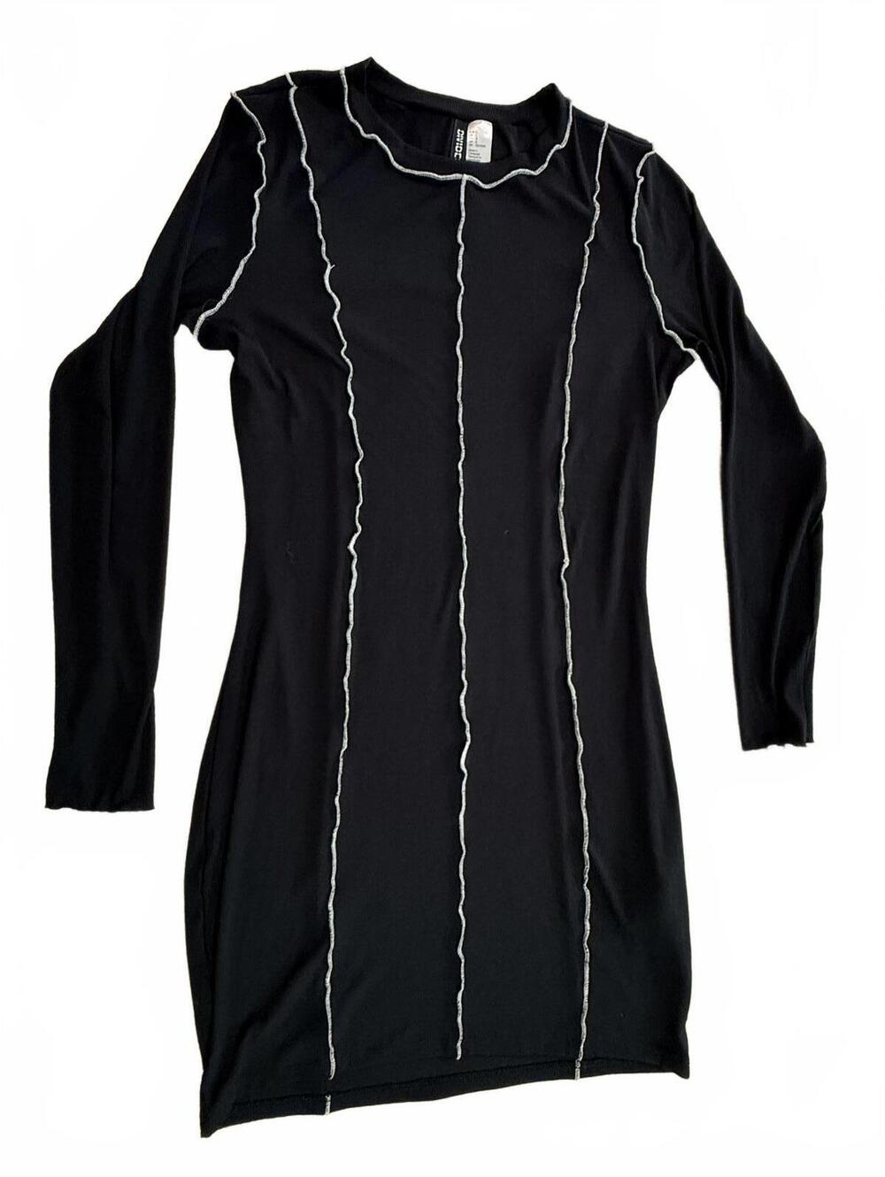 H&M Divided Black Contrast Stitch Long Sleeve Mini Dress Grunge Goth Y2K L
